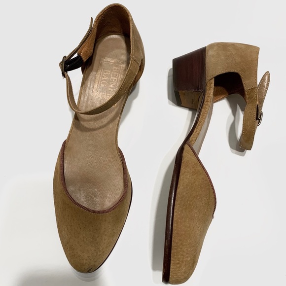 VINTAGE BEENE BAG CAMEL SUEDE ANKLE STRAP CHUNKY HEEL SHOES - Picture 10 of 13